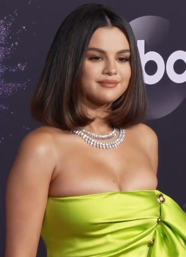 Revival-pop era carpet — dark hair and soft smile under stage-adjacent flash.